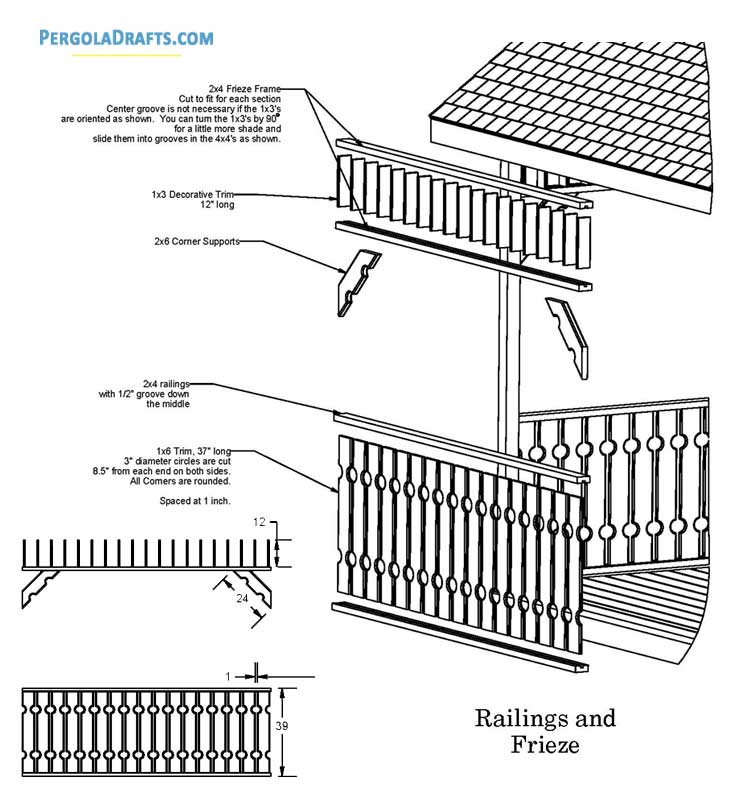 10x10 Gable Roof Square Gazebo Plans Blueprints 12 Railings And Frieze