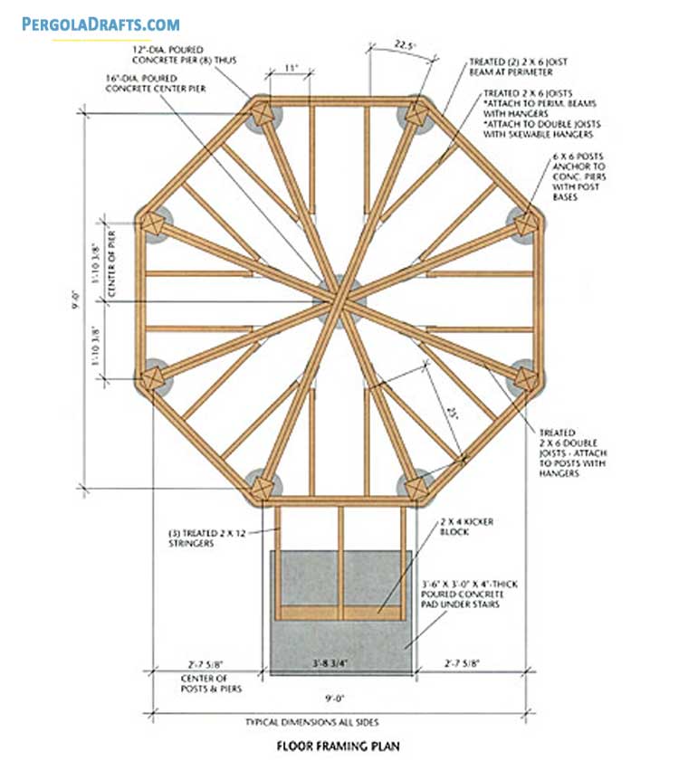 9 Feet Octagon Gazebo Plans Blueprints 03 Floor Framing Plan